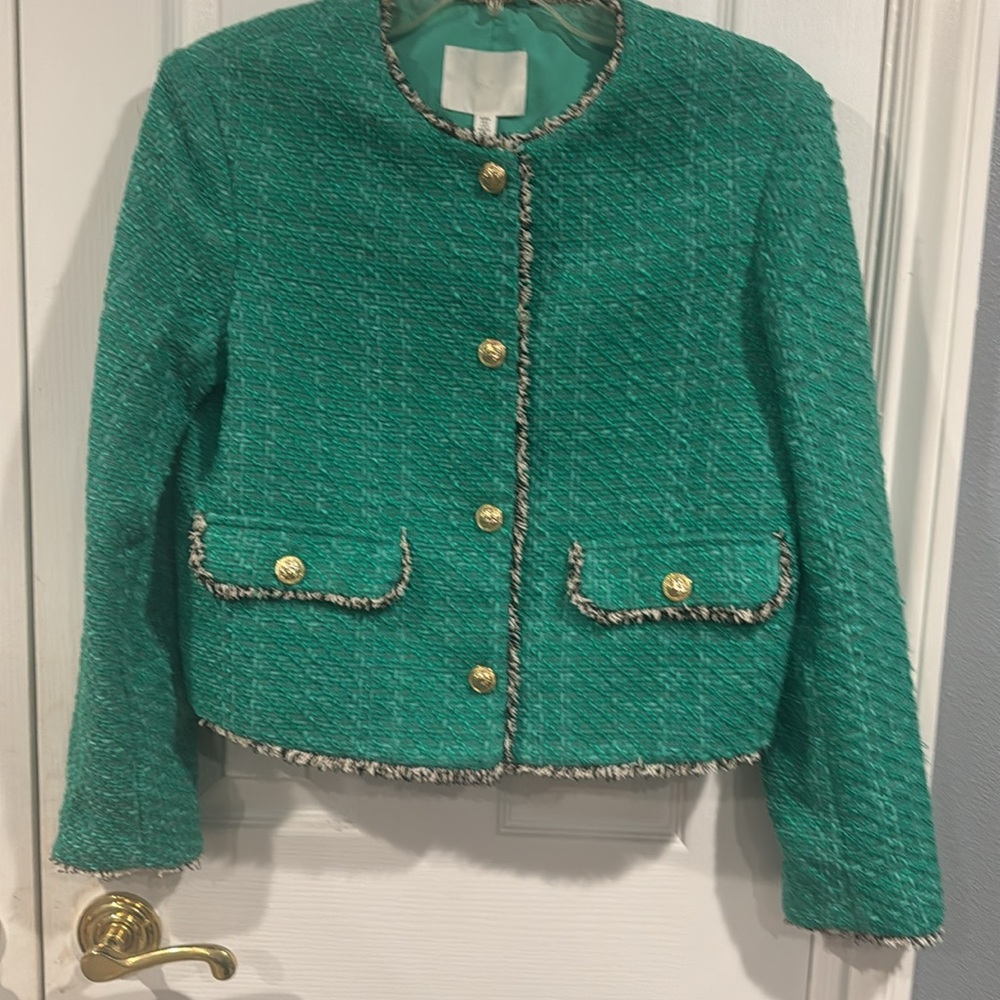 H&M Green Tweed Blazer with Fringe Detail